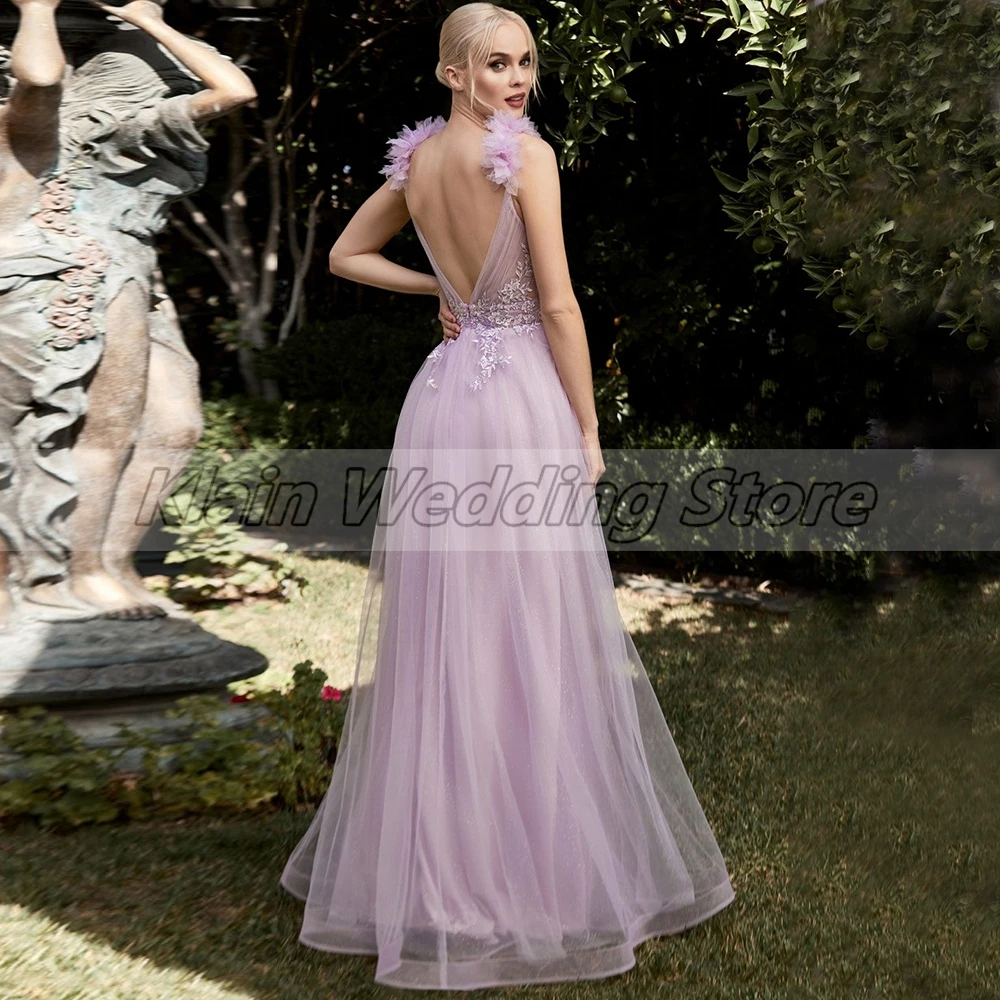 Eleganti abiti da sera formali rosa A-Line Sexy Appliques di pizzo con scollo a v fiori abiti da ballo senza maniche in Tulle lungo senza schienale