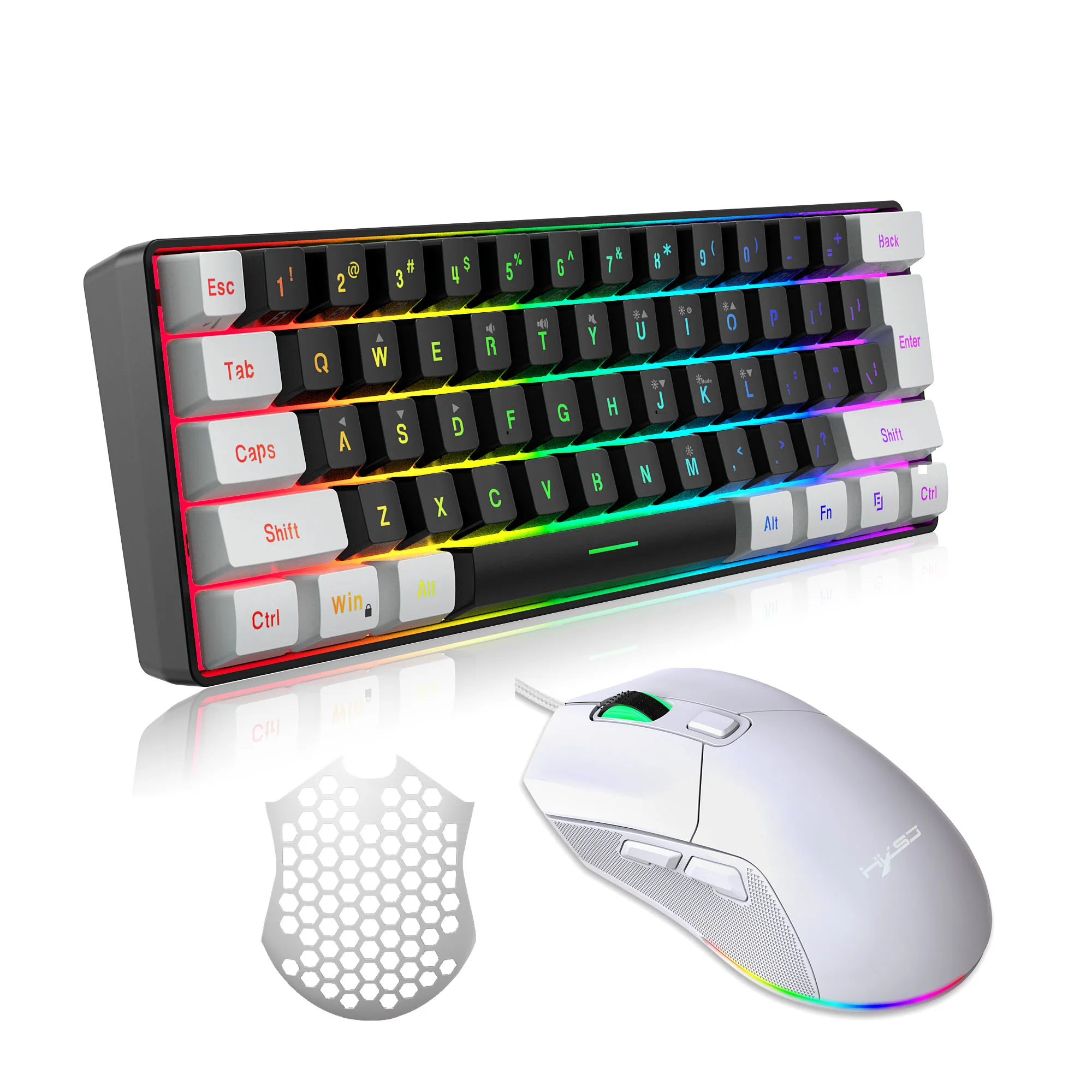 Compact RGB Keyboard and Gaming Mouse Combo - White & Black 61-Key Mini Wired Keyboard Ergonomic Design, Mouse Cover