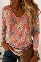 Vintage Women's T-Shirt Graphic Paisley Elegant Fashion Tee Long Sleeve T-shirts V-Neck Regular Tops Pullover Fall Winter