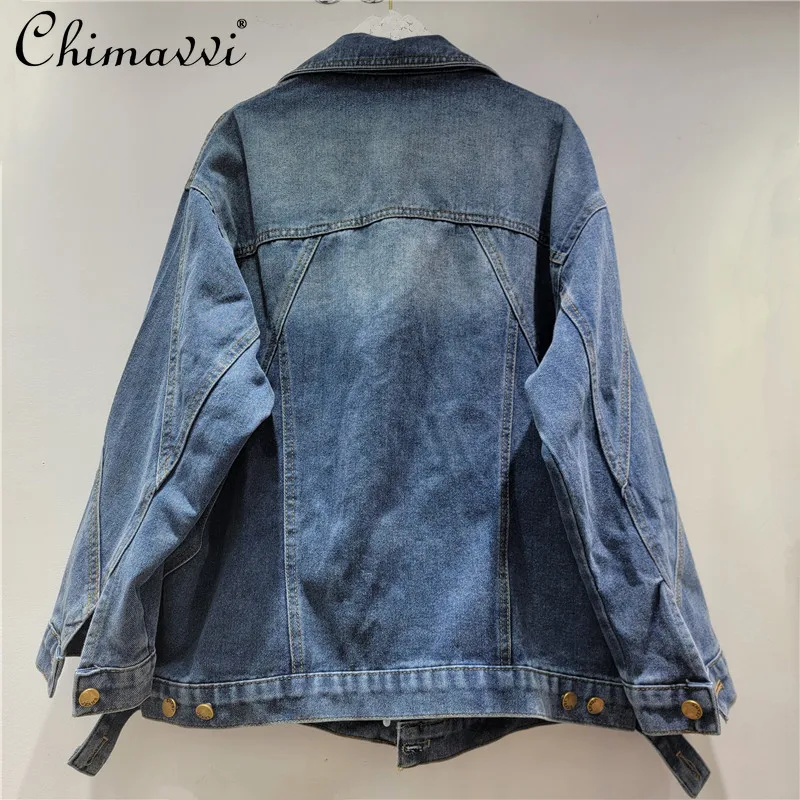 European Station 2025 Spring New Fashion Lapel Embroidery 3D Flower Nails Diamond Short Denim Jacket Women's Streetwear Tops