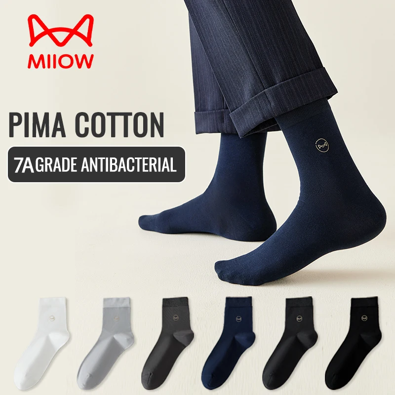 MiiOW ELS Pima Cotton Sock Pure Cotton Long Socks Men Black Business Dress Sock Antibacterial Anti Odor White Breathable Sock