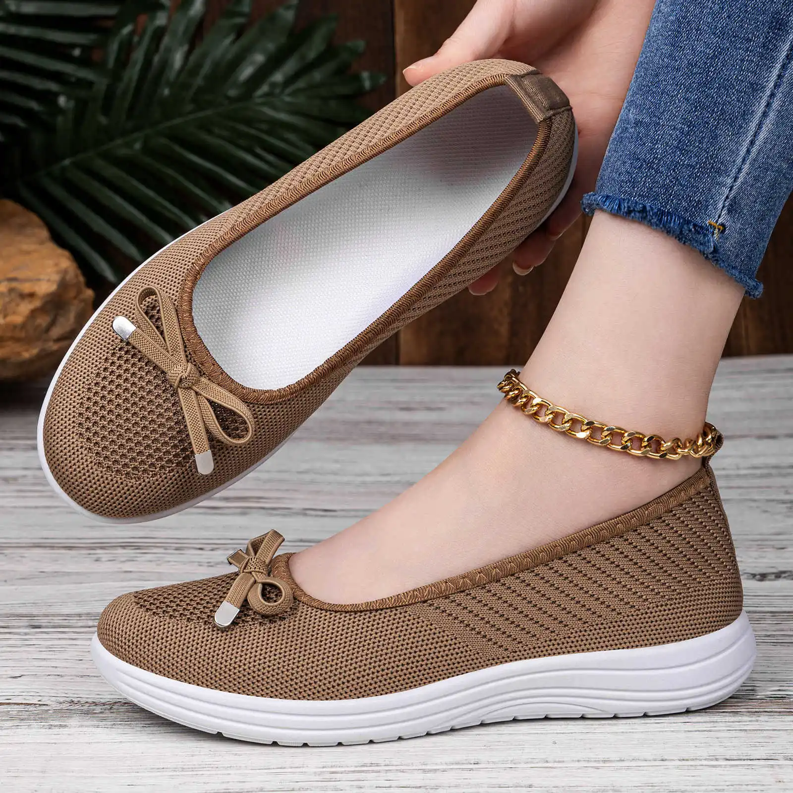 

Women's Breathable Knit Slip-on Flats Bow Decor Lightweight Wedge Walking Shoes Comfortable Non-slip Casual Mom Shoes