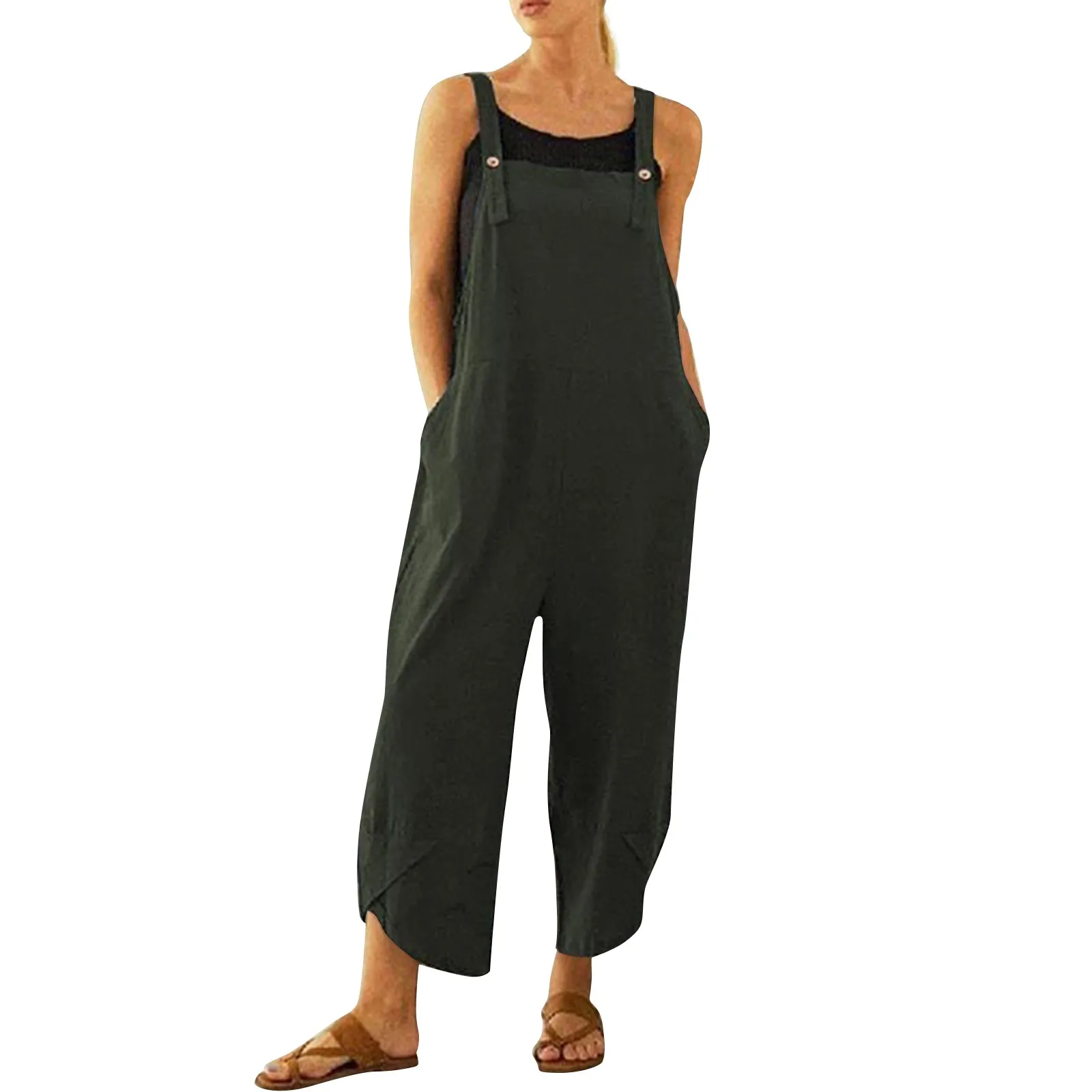 

2024 Summer New Women Wear Suspender Jumpsuit Solid Color Pocket Wide Leg Pants Nine Point Pants