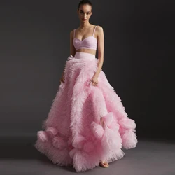 Pretty Tiered Pink Tulle Maxi Skirt for Women Extra Lush Layered Tulle Long Evening Skirts Hand Ball Flowers Bride Wedding Skirt