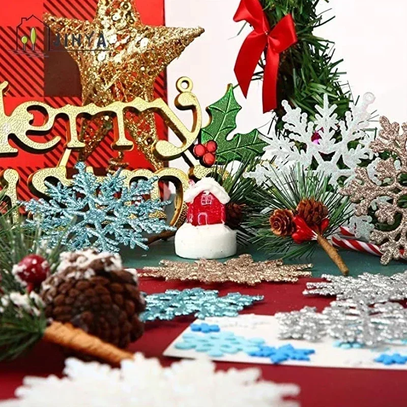 Flocons de neige bleus avec poudre brillante, pour décoration d\'arbre de noël, nouvel an, hiver, lot de 24/12/6 pièces