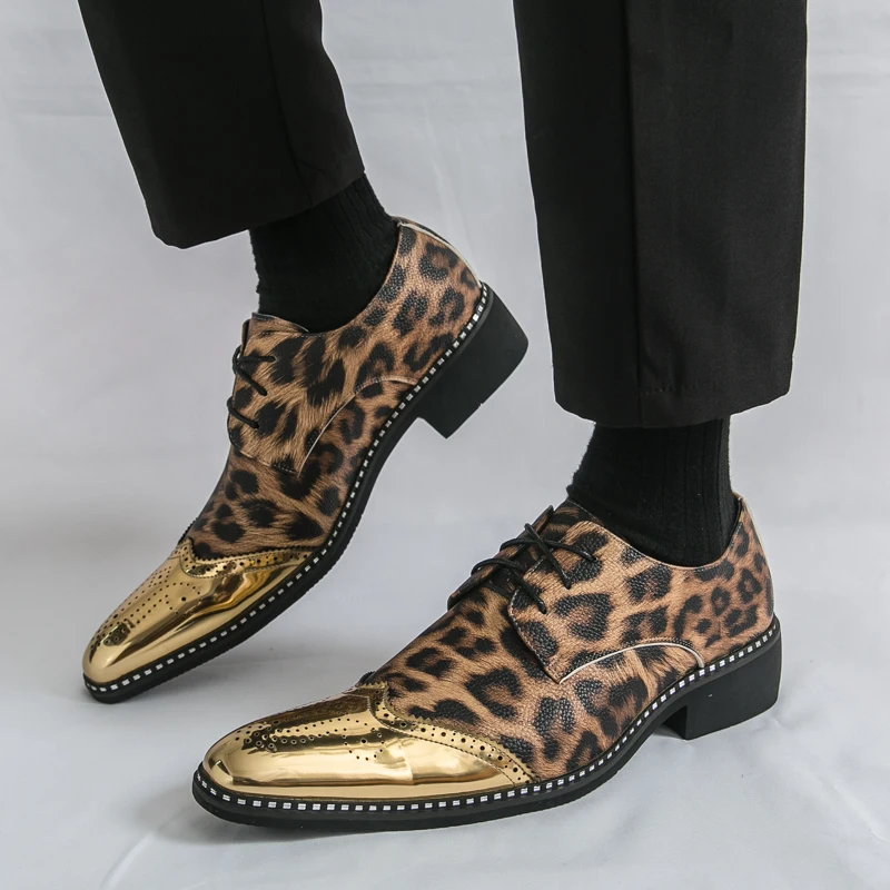 

Men Leopard Print Business Casual Leather Brogue Shoes Lace Up Formal Dress Shoes With Thick Height Increase Heel For Gentleman