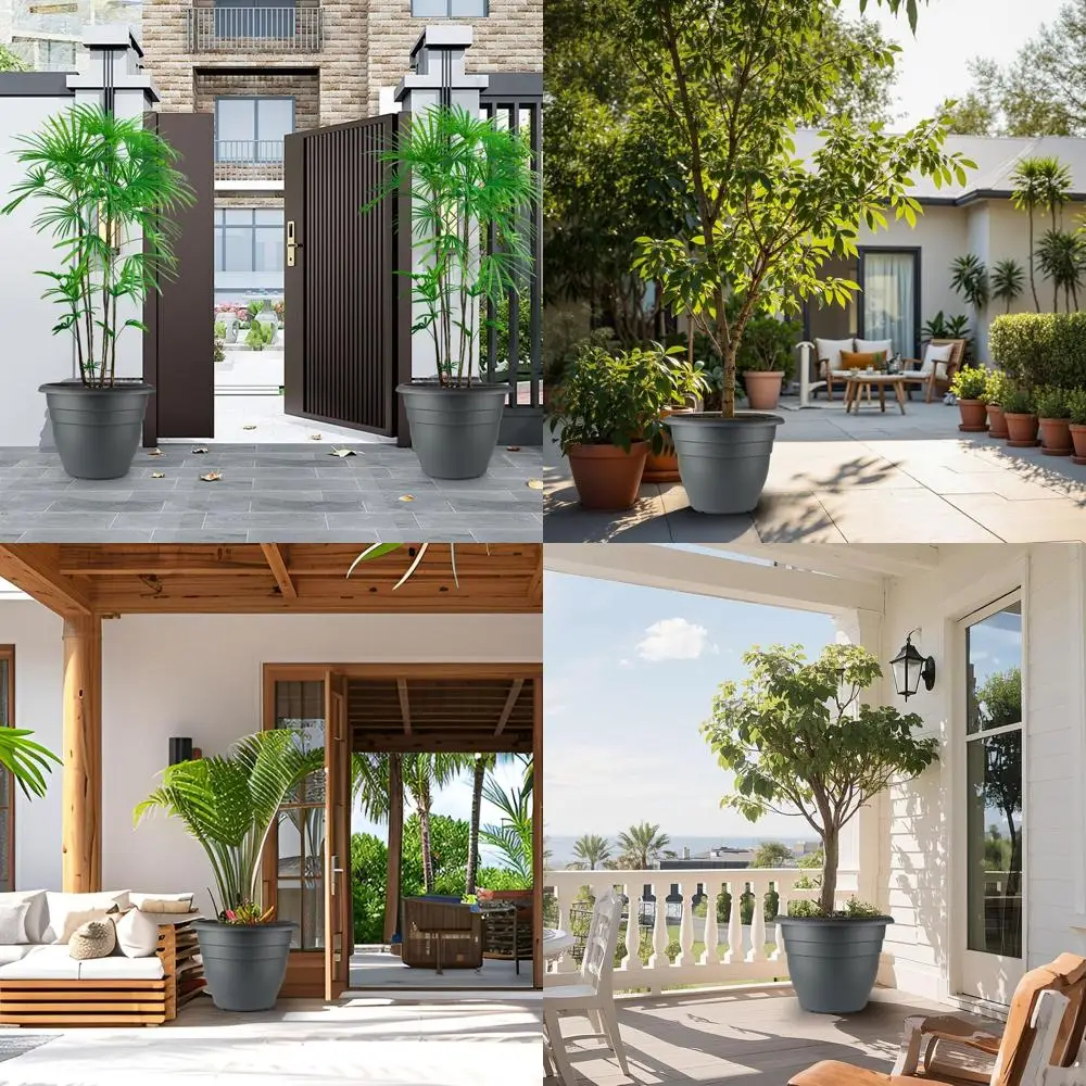 

Набор из 3 больших пластиковых горшков для растений (16 дюймов) с дренажем, прочные, легкие, устойчивые к погодным условиям, для садоводства на открытом воздухе (серые)