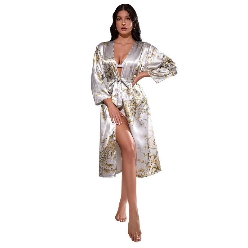 DNLin 2025 Novo verão sexy feminino seda-como robe-3/4 manga longa gravata roupão de noite, moda fina loungewear