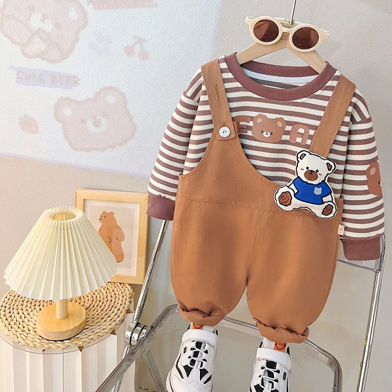 

Baby Clothes Spring and Autumn New Children's pure cotton striped long sleeved set Baby cartoon overalls casual two-piece set
