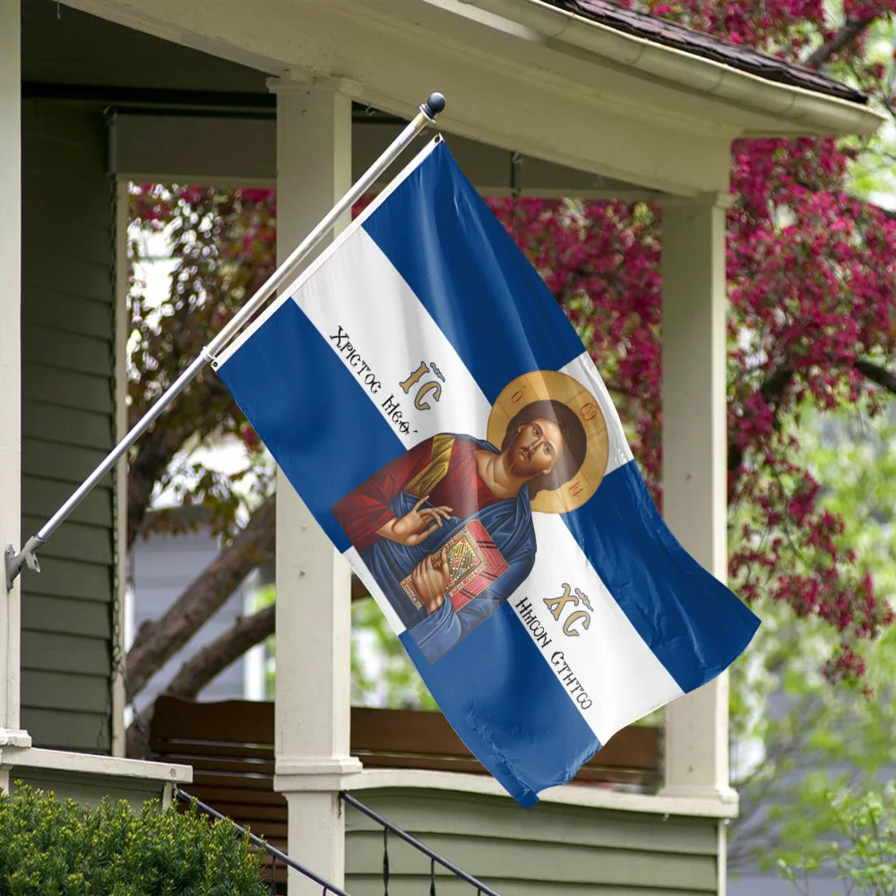 1 Stück, 2D flache, orthodoxe griechische christliche Flagge mit realistischem griechischem Ikonen-Design, geeignet für die Dekoration von Haus und Kirche. w – Detail 1