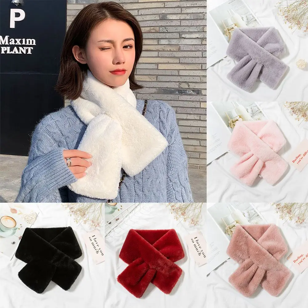 Women Winter Warm Thicken Cross Collar Scarf Solid Color Faux Rabbit Fur Plush Elegant Shawl Scarfs