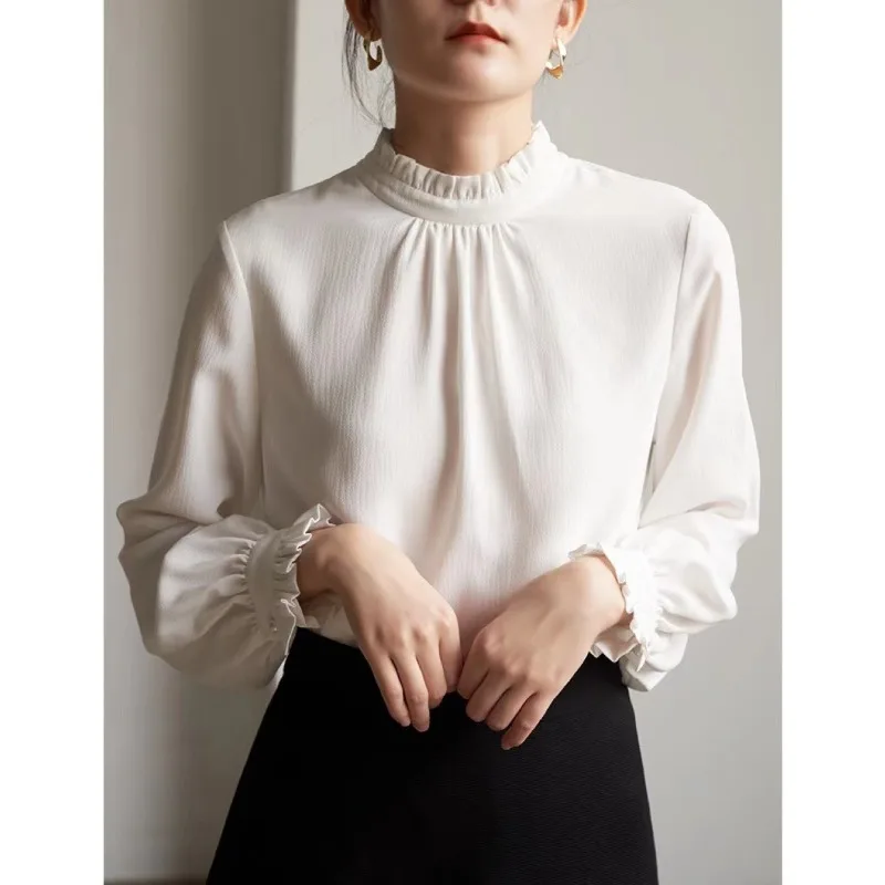 

Ruffles Elegant Women Blouses Woman White Shirt Long Sleeve Shirts Office Lady Business Commuter Solid Women Work Tops French