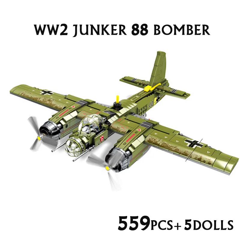 

Senbao 559pcs Military Ju-88 Bombing Plane Building Blocks WW2 Helicopter Army Weapon Soldier Model Bricks Kit Toy for Children