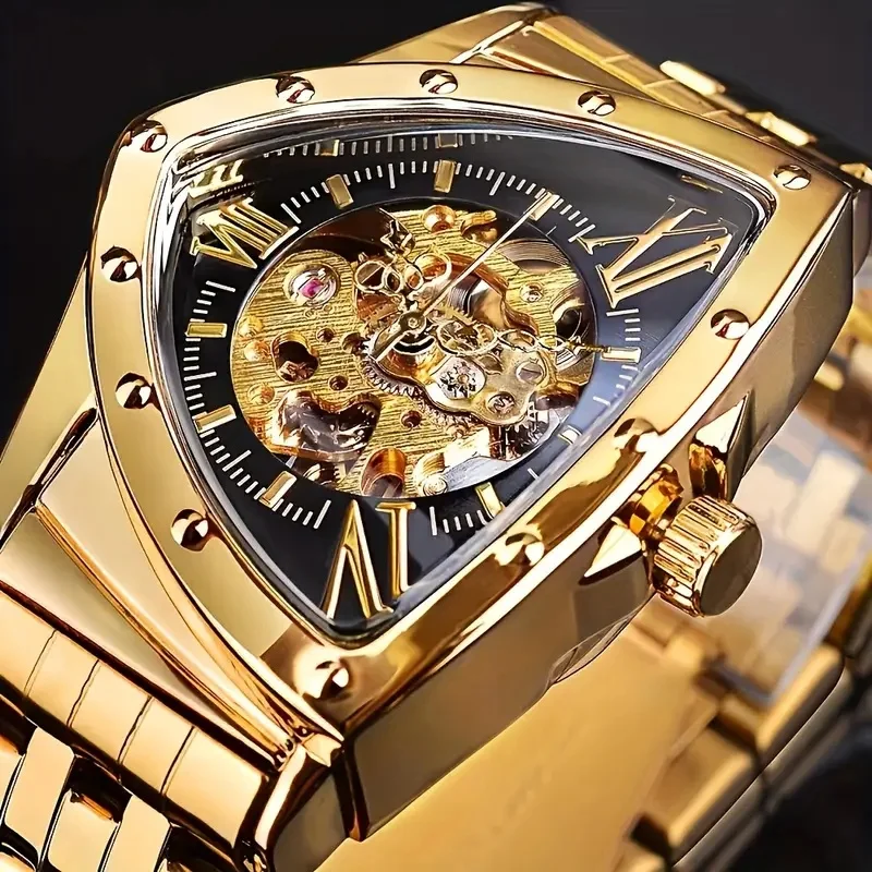 Light Luxury Triangular Men's Automatic Skeleton Mechanical Watch, Punk-Style Cool Irregular Large Dial Men's Wristwatch, Steel Band Waterproof Men's Watch, High-End Business Casual Versatile Model, Precise Timekeeping, Wear-Resistant and Scratch-Proof, Trendy Men's Accessory, Suitable for Both Personal Use and Holiday Gifts, Hot-Selling Men's Mechanical Wristwatch