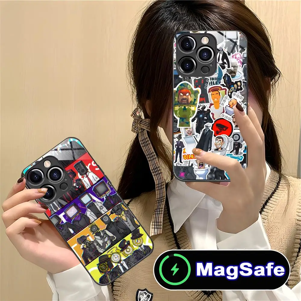 

Чехол для телефона Skibidi Toilet TV Camera Man для iPhone 17, 16, 15, 14, 13, 12, 11 Pro Max Plus Mini MagSafe, стеклянный цветной чехол, красивый
