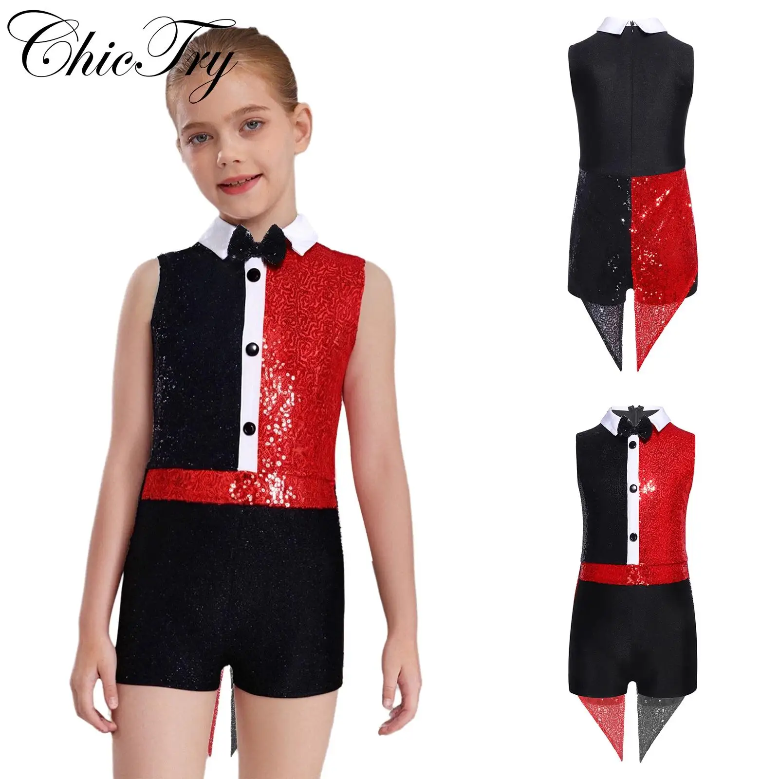 

Kids Girls Circus Magician Costumes Sequins Ringmaster Leotard Bow Tie Buttons Adorned Jumpsuit for Halloween Party Dress Up