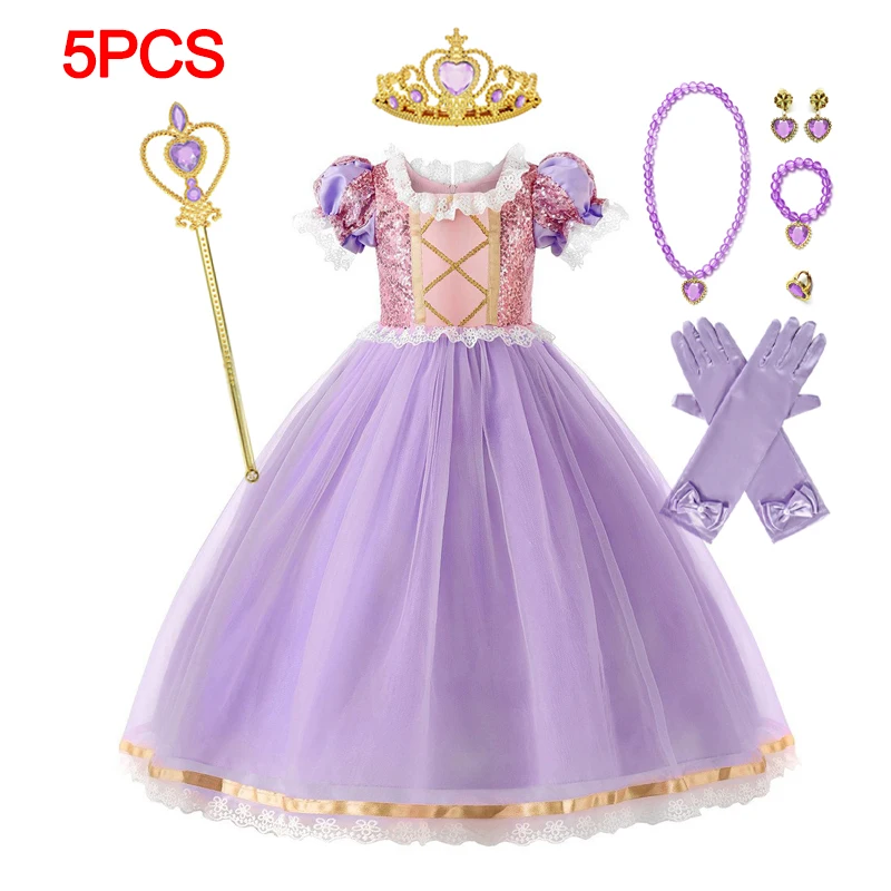 Disney Aurora Belle Princess Dress for Girls Rapunzel Costume Kid Birthday Party Clothes Carnival Cosplay Snow White Cinderella