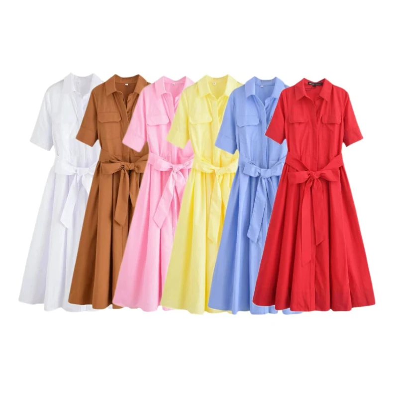 Zeyla rode damesjurk met riem, reverszak, lange jurk, 2025, lente zomer, elegant, casual vakantie, high street feestjurk