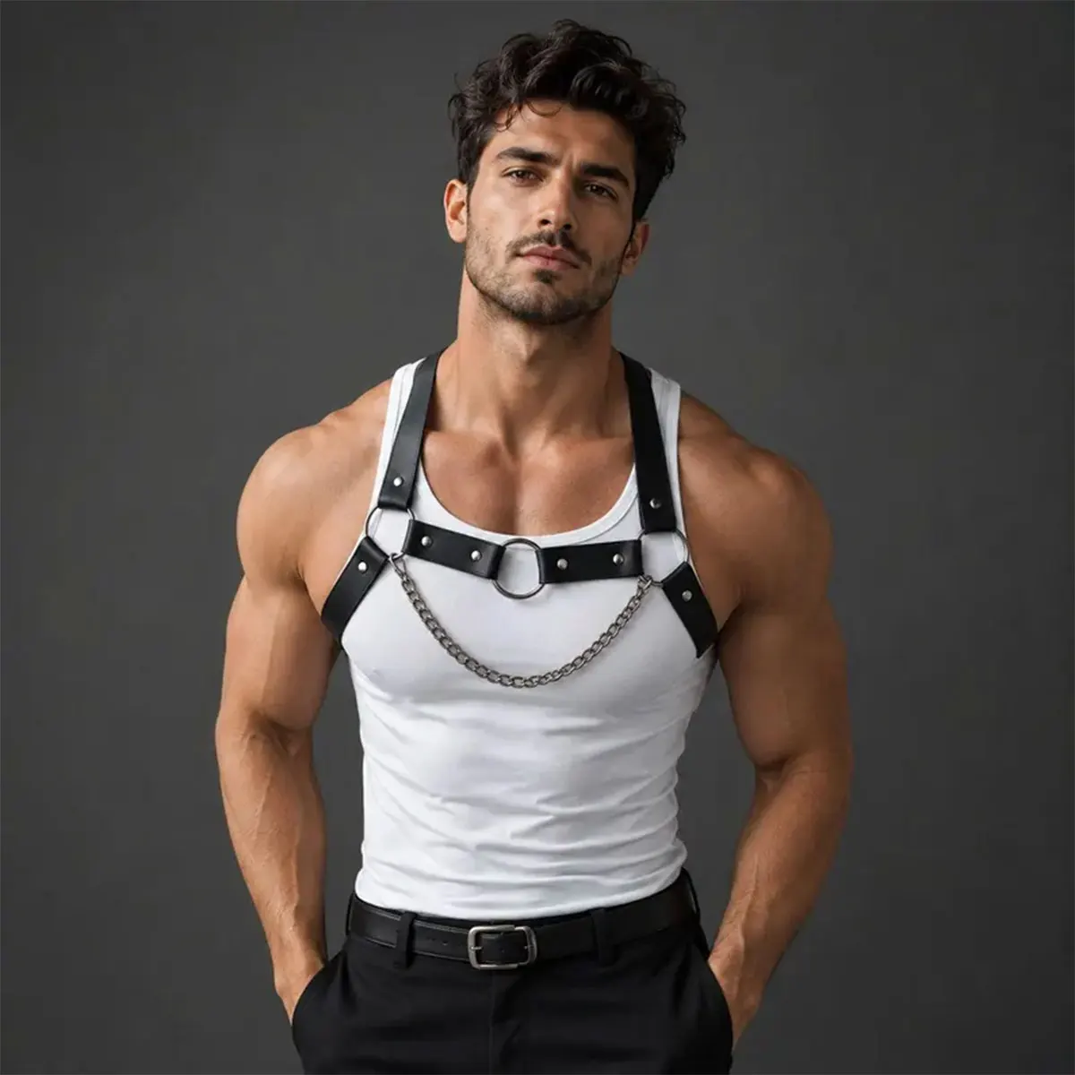 Fashinable Men's Belt PU Leather Harness Strap with Chest Chain Shoulder Belt Metal Ring Y2k Goth Punk Clothing Accessories