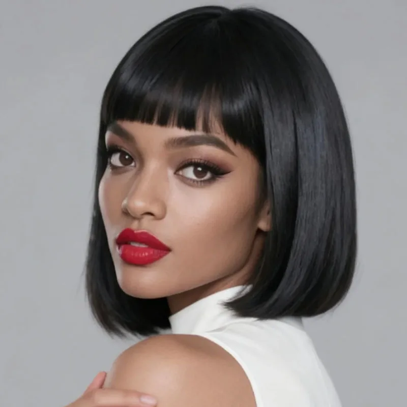 شعر مستعار صناعي أسود مقاس 12 بوصة مع غرة، مناسب للعب الأدوار على الطراز الأساسي للهالوين