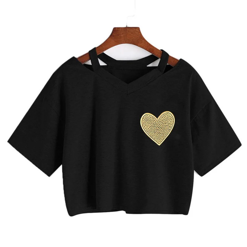 Einfaches Damen-T-Shirt mit Herzmuster-Aufdruck, Rundhalsausschnitt, kurzen Ärmeln, 90er-Jahre-Stil, sexy Damen-Outfit, Crop-Tops, Kleidung für Frauen
