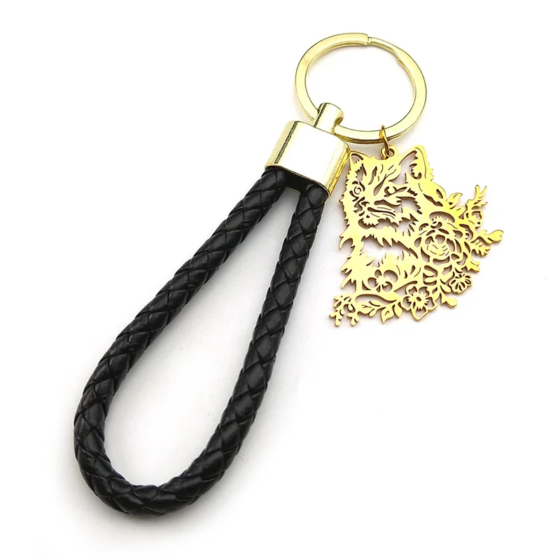 Lovely Cat in Flower Stainless Steel Pendant Keychain for Women Men Gold Color Alloy PU Leather Kitty Animal Keyring Jewelry
