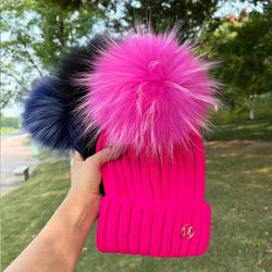 2023 Real Raccoon Fur Ball hats Winter Hat Cap Kids Boy Girl Aldult Warm Big Fur Pom Poms Ski Hat Fur Pompoms Hat