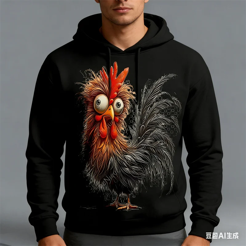 

Autumn Funny Crazy Rooster Men's Hoodies Leisure Fashion Long Sleeve Pullover Tops Novelty Farm Animal Printed Unisex Sweatshirt