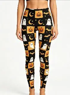 Women Mid‑Rise Fleece Lined Leggings, Halloween Pumpkin Ghost Bat Moon Tribal Geometric Print Slim Stretch Pants
