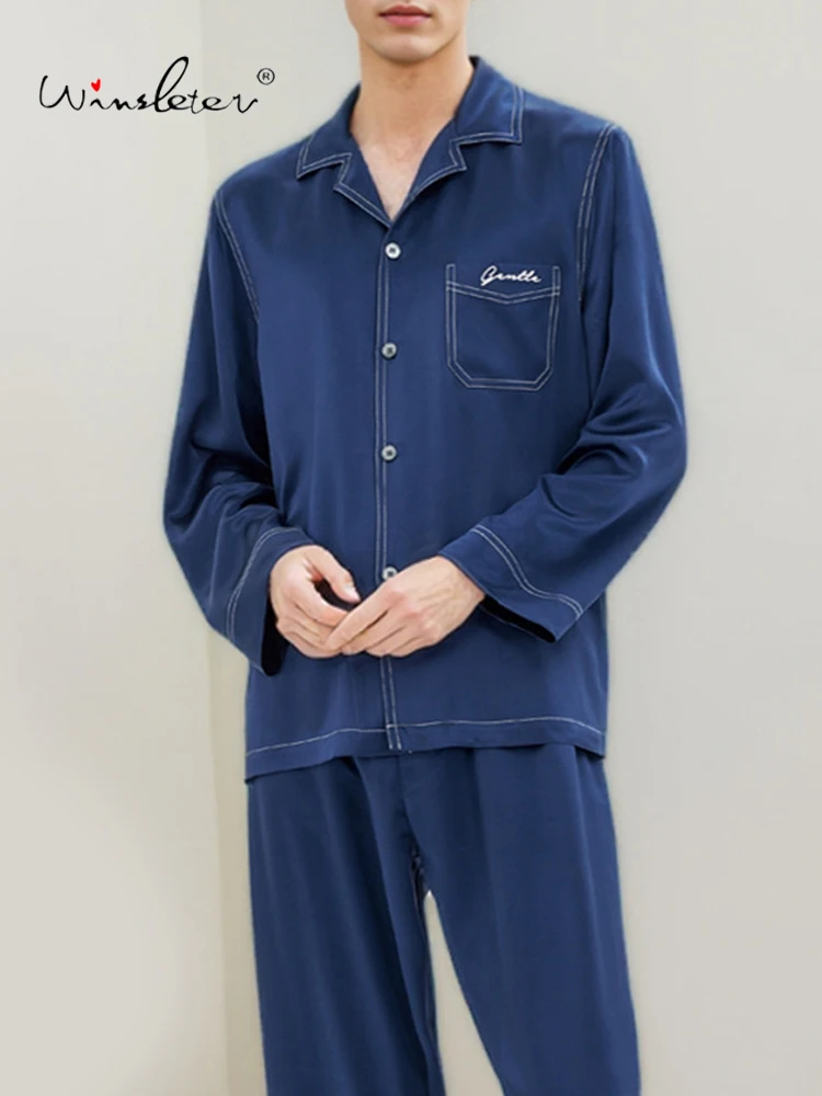 

Winsleter-Men 19MM 100%Real Silk Casual Pajama Set, Long Sleeve Lapel, Simple Comfortable Homewear, 2024 Autumn Winter S4N036CC