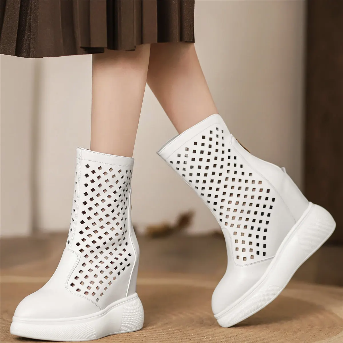 

Platform Pumps Shoes Women Hollow Genuine Leather Wedges High Heel Ankle Boots Female Pointed Toe Fashion Sneakers Casual Shoes