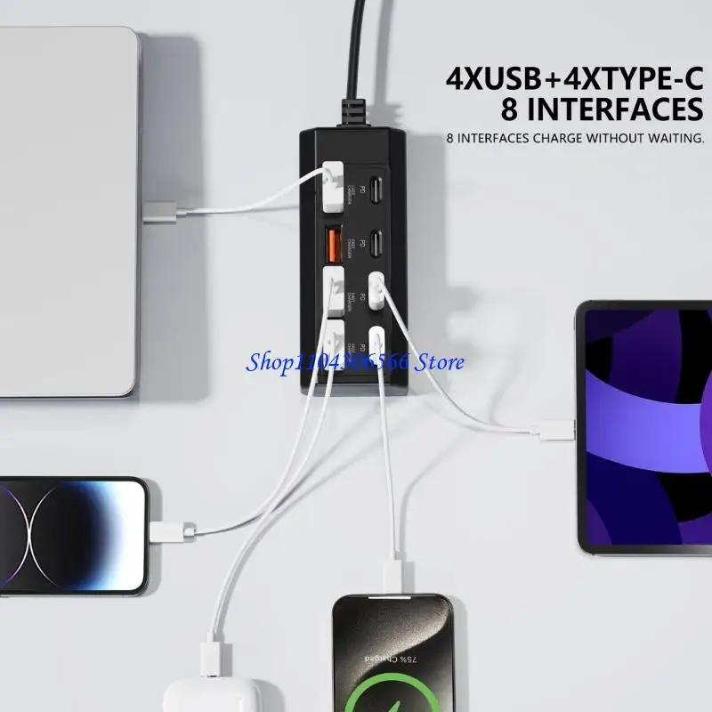02DD Efficient 8 Port USB C Adapter With 4 USB And 4 Type C Fast Charging