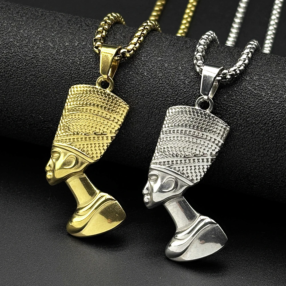 Nefertiti Ancient Egyptian Queen Pharaoh Nefertiti Mural Ankh Cross Pendant Necklace for Women Men Stainless Steel Chain Jewelry