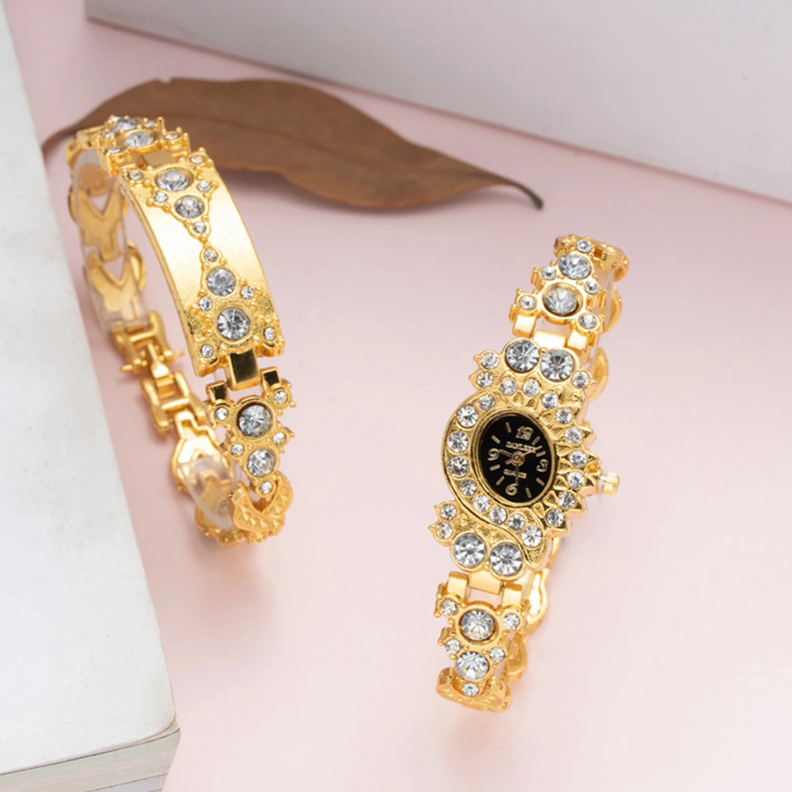 Womens Crystal Diamond Watches Easy Read Dial Golden Rhinestone Plated Watches for Girlfriend Birthday Gift