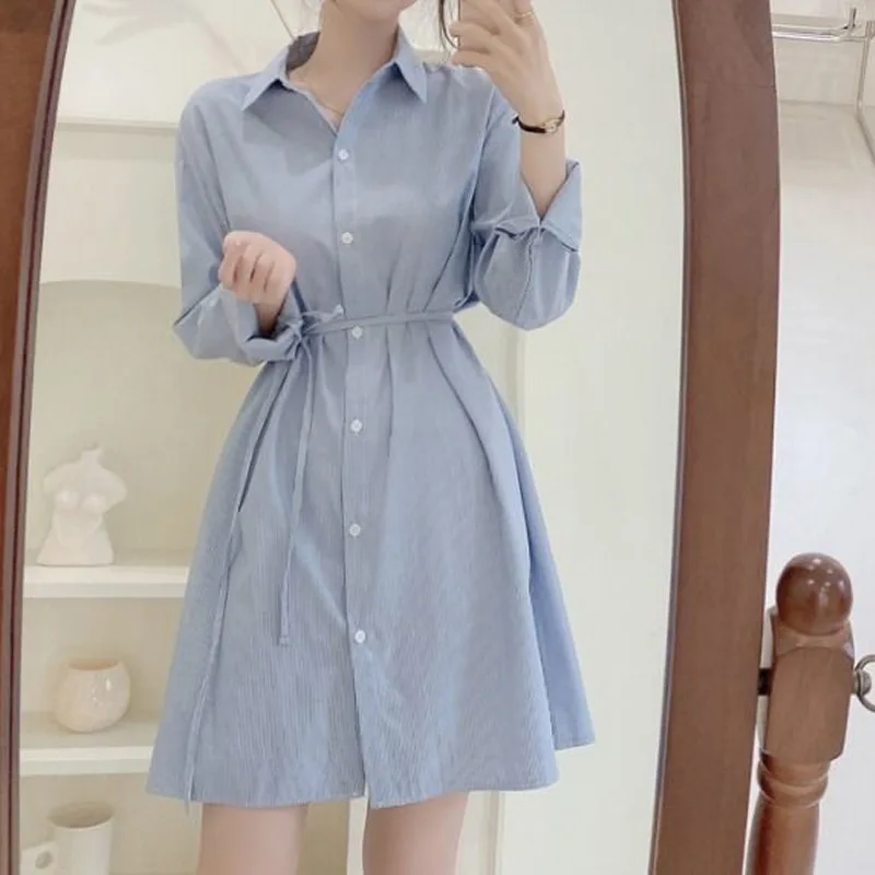 Plus Size Simplicity Polo Neck Blouse Spring Long Sleeve Loose Striped Street Casual Shirt Tops Vintage Fashion Women Clothing