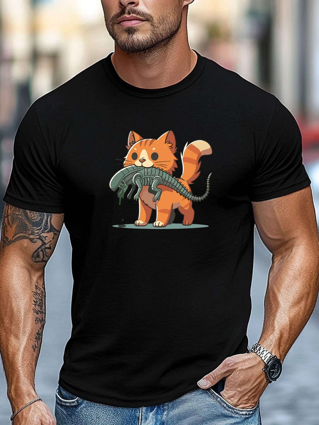 100% Cotton Men's T-Shirt, Relaxed and Casual, Comfortable and Versatile, Men's T-Shirt with Kitten Holding an Alien Creature Graphic, Summer Casual Crew Neck Short Sleeve T-Shirt, Suitable for Sports and Fitness