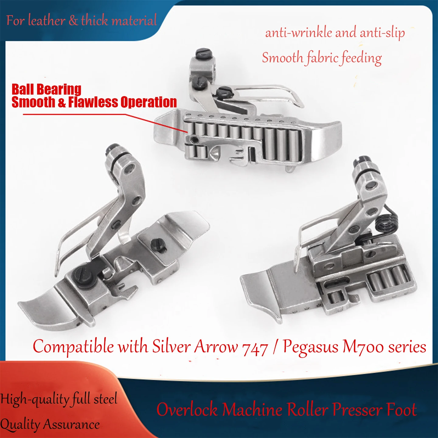 Calcador de Rolo para Máquina Overlock Compatível com Silver Arrow 747 Pegasus M700 4/5 Fios, Acessório de Costura em Aço Completo para Alça de Ombro
