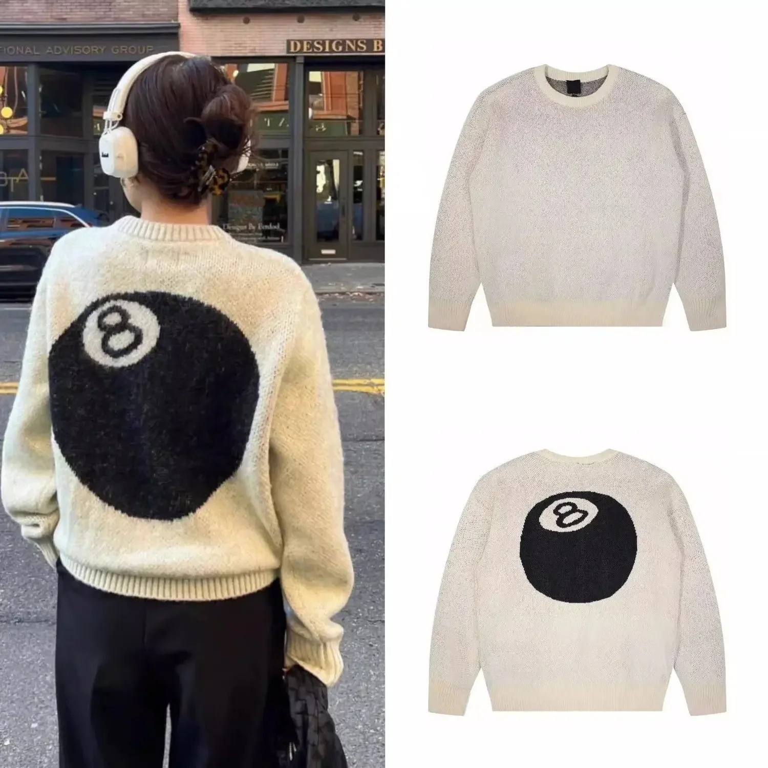 Street style billiards black 8 autumn winter new knitted sweaters hip hop loose mens sweater unisex pullover women y2k tops