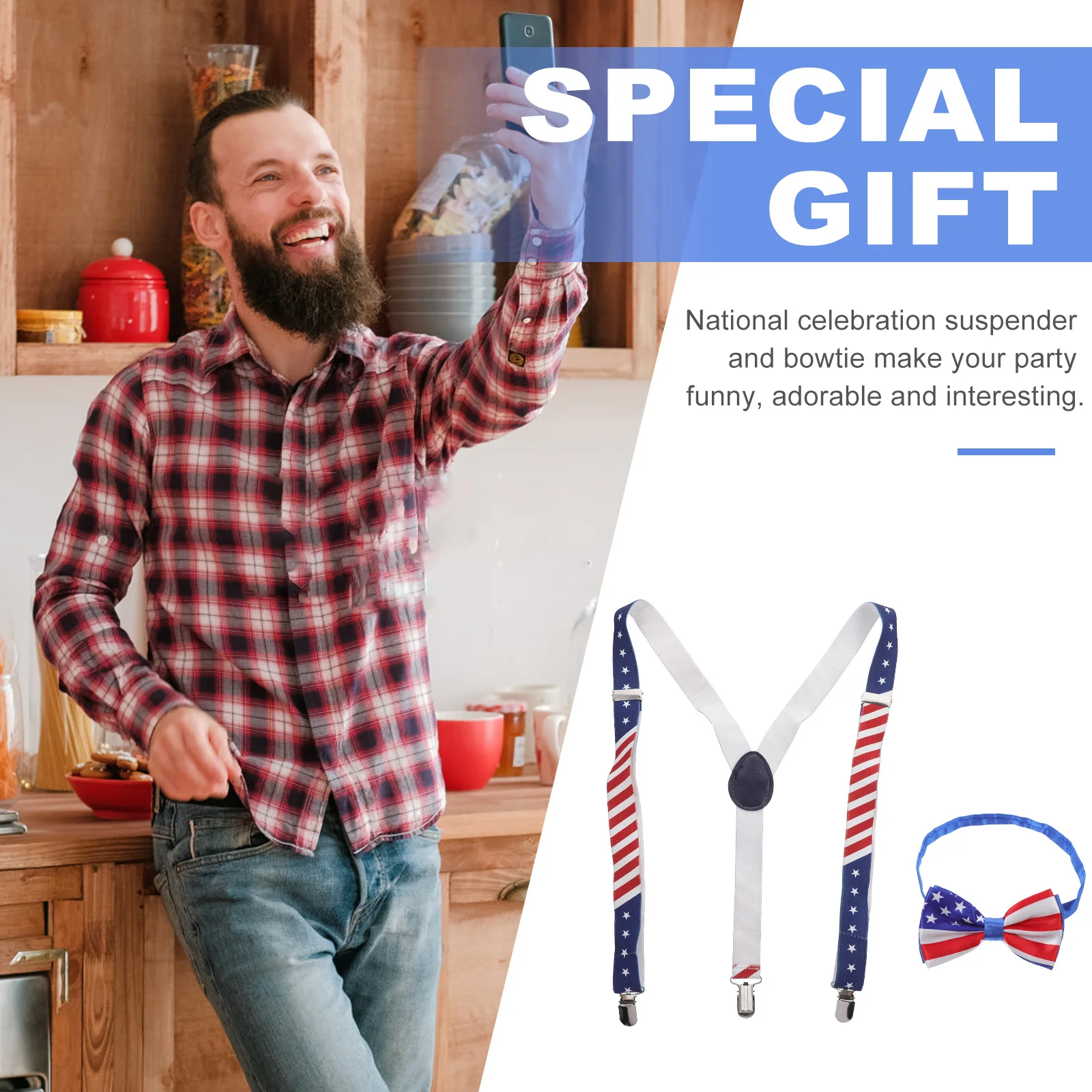 

1 Set National Flag Suspender Bowtie Set High-Quality Zinc Alloy Polyester For Celebration Festival Patriotic Costume Prop Funny