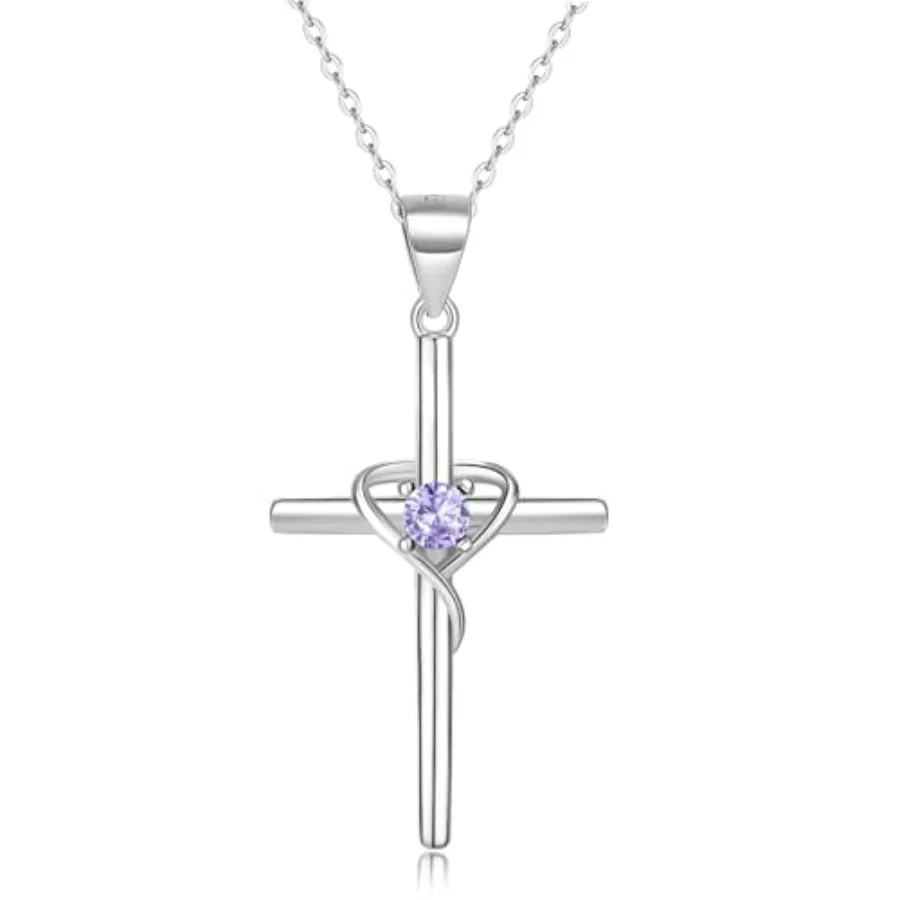

Cross Necklace for Women, 925 Sterling Silver Birthstone Necklace, 5A CZ Cross Heart Pendant with Adjustable Chain, 16+2 Inches