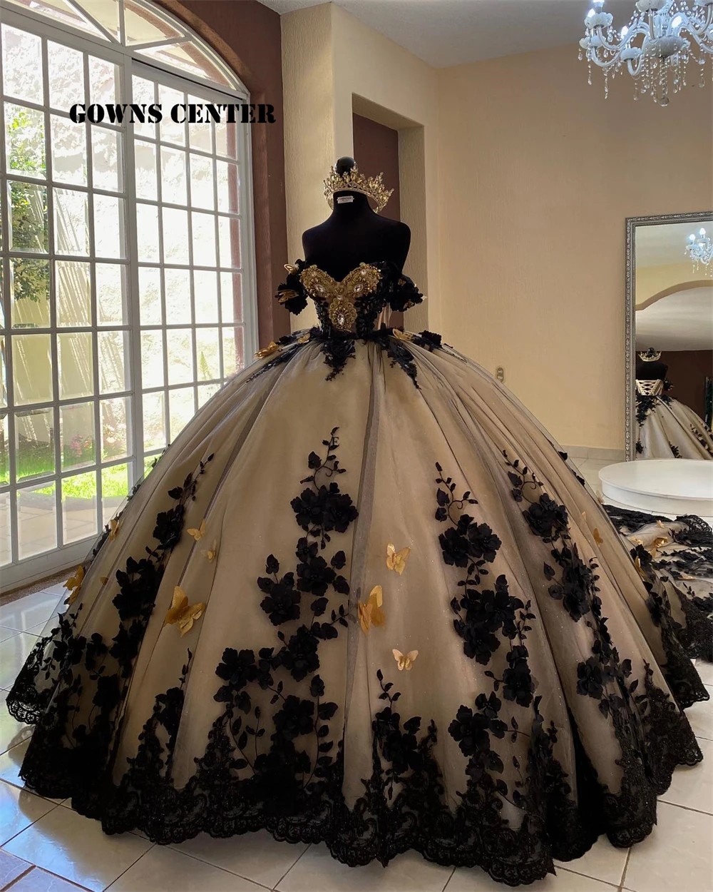 Vestido de quinceañera con flores en 3D negras, vestido de baile de cristal dorado, dulce 16 vestidos, corsé de princesa, 15 quinceañera, 2024