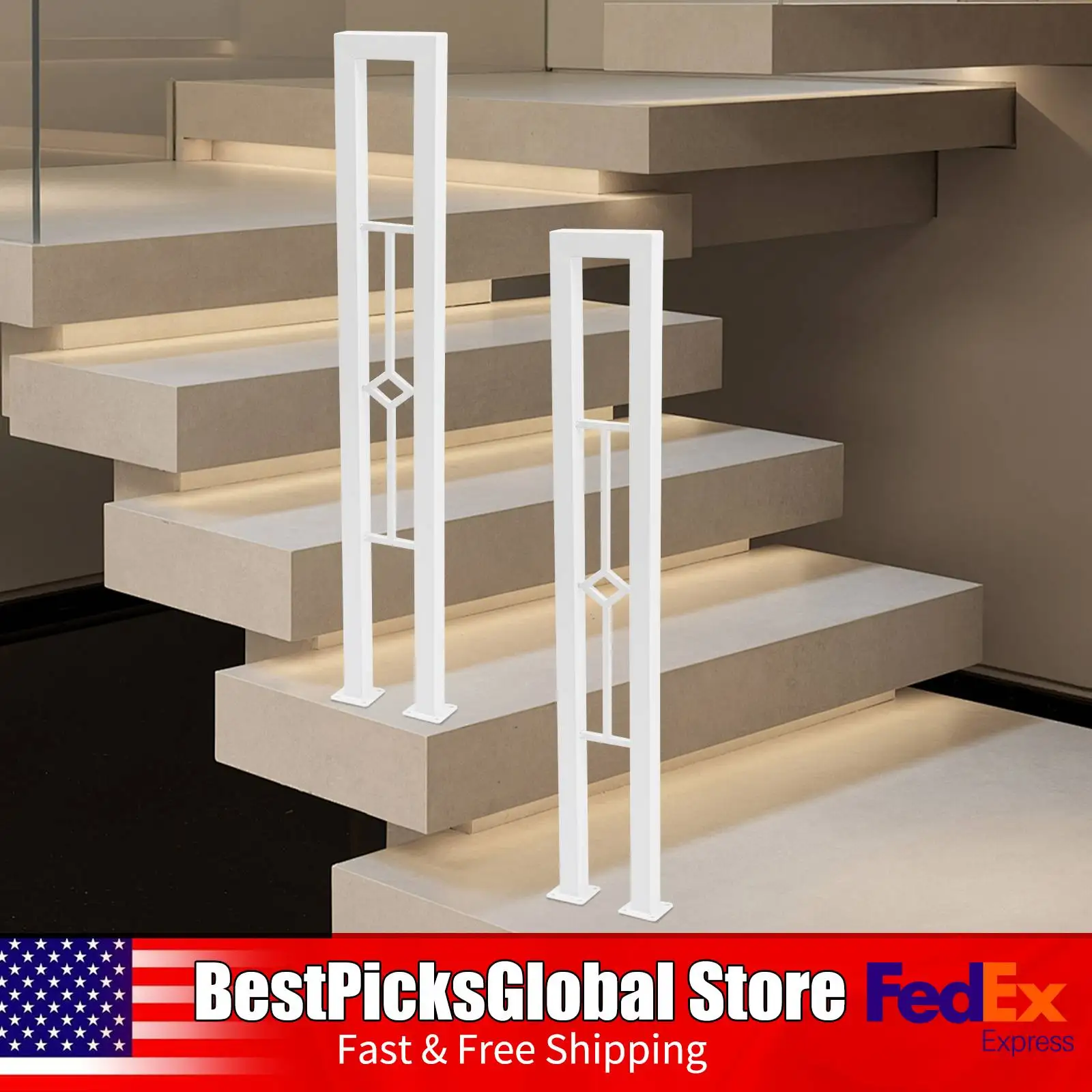 قطعتان من درابزين الدرج على شكل حرف U، نمط ماسي، أبيض/أسود، قضبان يدوية حديدية مزخرفة للممر، ارتفاع 35.43 بوصة