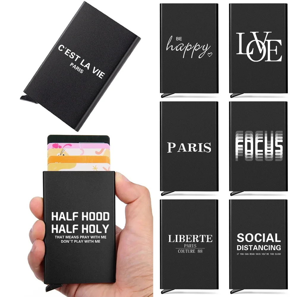 Slim Aluminum Wallet with Elasticity Back Pouch ID Credit Card Holder Text Print Automatic Pop Up Bank Card Case Men Purse