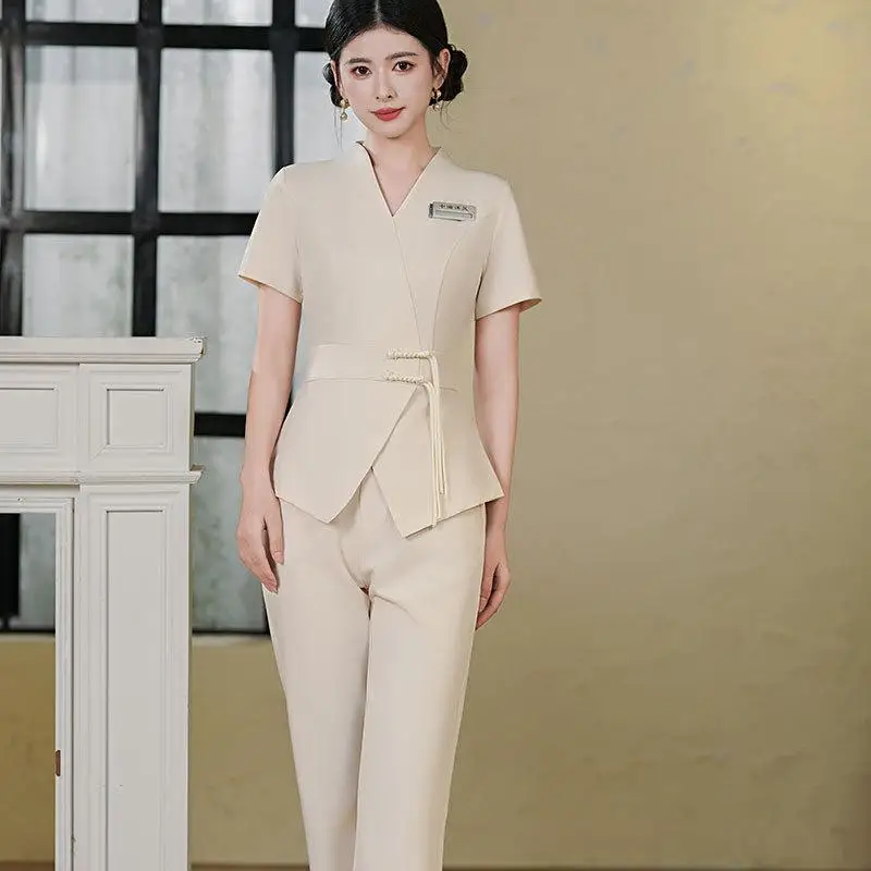 Beautician Uniform Print Logo Professional Foot Bath Spa Sauna Massage Work Clothes Hotel Waiter Set Short Sleeved Long Pants