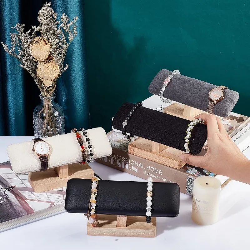 حامل عرض ساعة خشبي ، مخمل أسود ، حامل سوار على شكل T ، منظم مجوهرات ، سوار قابل للإزالة ، دلايات ، برج خلخال ، 1 روض