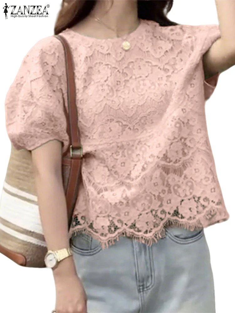 

Винтажные кружевные блузки, женские прозрачные топы, летние туники с короткими рукавами и пышными рукавами, неровный подол, 2025 ZANZEA, повседневный пуловер с круглым вырезом