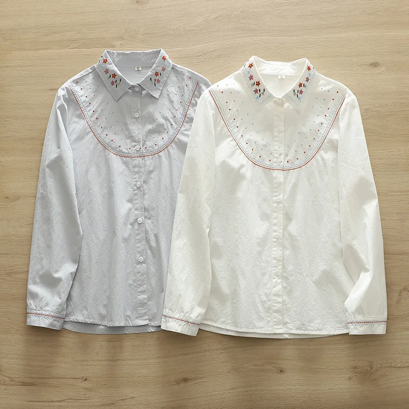 Ethnic Style Design Exquisite Flower Embroidery Shirt Women 2024 New Casual Cotton Women\'s Printed Long Sleeve Shirt Blouses