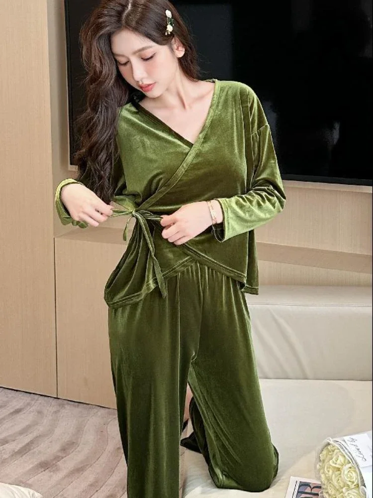 Pleuche-Ensemble de pyjama bandage décontracté pour femme, vêtements de nuit doux et confortables pour la maison, vêtements de nuit sexy, mode Ulzzang, élégant, tout assressenti, doux, automne