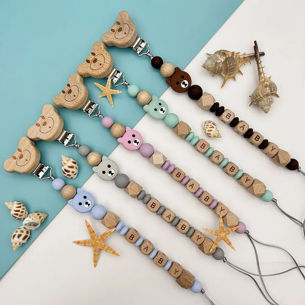 Personalized English Wooden Letters Name Baby Polar Bear Silicone Pendant Pacifier Clips Chains Holder Teether Baby Kawaii Gifts