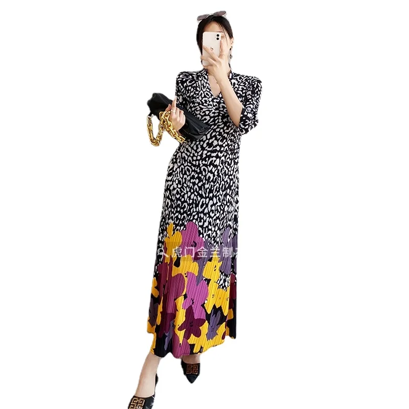 Miyake Pleated Retro Evening Dress Leopard Print Dress 2023 Spring and Autumn Large Size Fashionable Mid-Length Pleated Dress